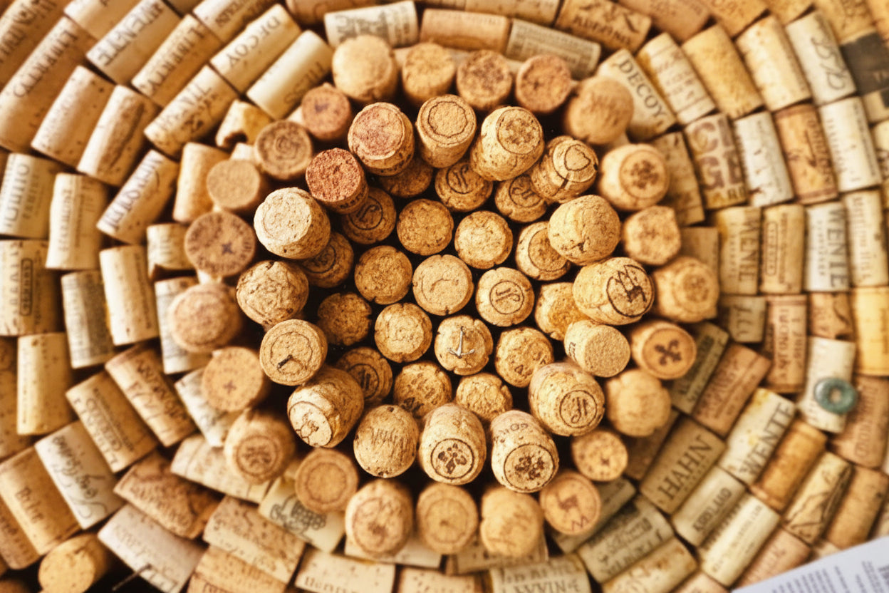 Collection of wine corks with various designs and text.